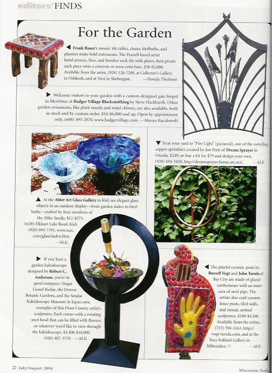 Copper sprinkler art in Wisconsin Trails magazine news 2004